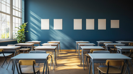 A spacious and bright classroom featuring empty desks and chairs, large windows allowing natural light, and a green plant, perfect for a serene learning environment.の素材