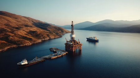 A captivating aerial view of an oil rig positioned in serene waters, framed by mountains at sunset. Supply vessels dot the landscape, showcasing industrial activity against a tranquil backdrop.の素材