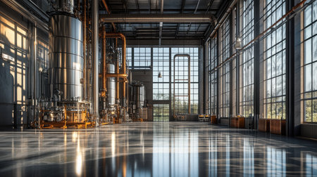 A striking industrial interior showcasing large windows and steel equipment, capturing the essence of modern design and natural light in a spacious environment.の素材