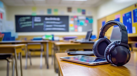 A pair of black headphones rests on a wooden desk next to a tablet in a vibrant classroom. This setup highlights the fusion of traditional learning with modern technology.の素材