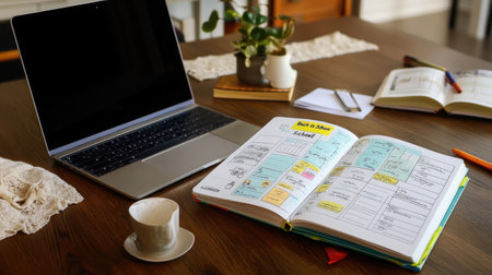 A inviting workspace featuring a laptop, open planner, a coffee cup, and a houseplant, offering inspiration for productivity and organization in a cozy setting.の素材