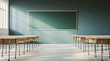 This image features a modern classroom with empty desks and a large chalkboard, illuminated by soft sunlight, creating a bright and inviting space for learning.の素材