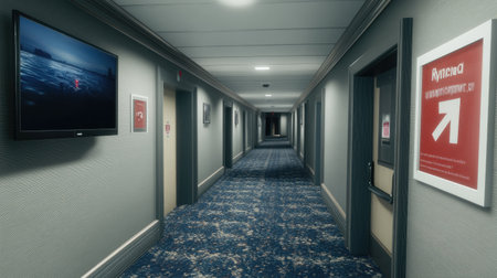 Explore a modern hotel corridor showcasing stylish design elements, plush carpeting, and thoughtful signage that creates a welcoming atmosphere for guests.の素材