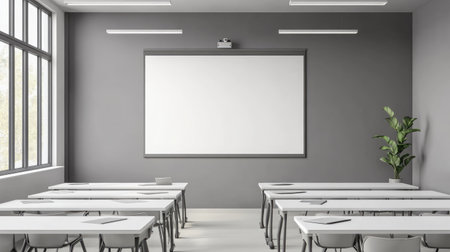 This image showcases a modern classroom with a minimalist design. Featuring white desks, a projector screen, and ample natural light, it offers a bright and inviting learning environment.の素材