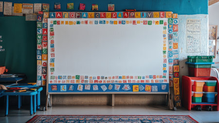 Bright and engaging classroom space features a whiteboard adorned with alphabet blocks, encouraging interactive learning and fostering creativity in young students.の素材