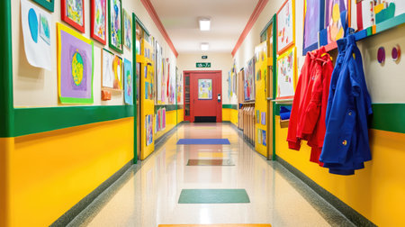 A spacious and cheerful school hallway featuring bright yellow walls, colorful children's artwork, and warm decorations that create an inspiring learning environment.の素材