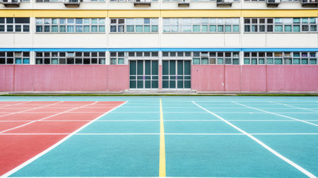 A striking outdoor sports court featuring vibrant colors and clear markings, set against a simple school building, ideal for themes of activity and recreation.の素材