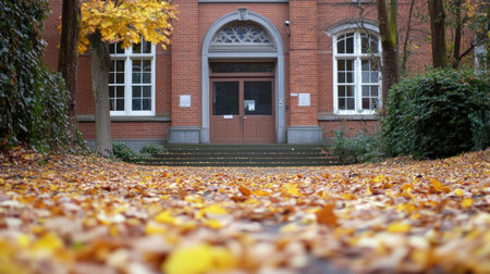 A captivating autumn scene featuring a pathway adorned with colorful leaves leading to a historical building. The warm lighting and surrounding trees create a serene atmosphere.の素材