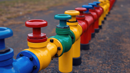 This image showcases a row of colorful industrial valves on a piping system, set against a gravel surface, highlighting the importance of infrastructure in various engineering projects.の素材