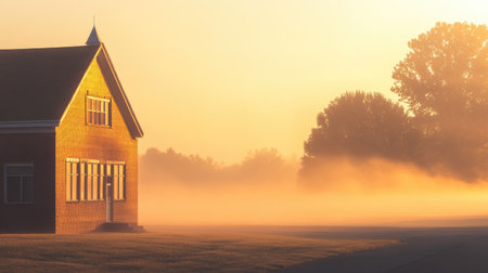 A tranquil morning scene showcasing a wooden cabin bathed in soft sunlight, surrounded by gentle mist and greenery, evoking peace and serenity in nature.の素材