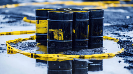This image depicts stacked black oil barrels surrounded by yellow caution tape on a wet surface, highlighting important safety measures in an industrial environment.の素材