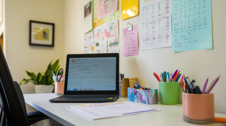 A bright and organized workspace showcasing a laptop, colorful pens, and inspirational wall art, perfect for enhancing productivity and creativity in a home office setting.の素材