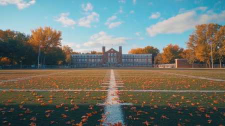Capture the beauty of autumn in this serene scene featuring a school building, a football field blanketed with leaves, surrounded by colorful trees.の素材