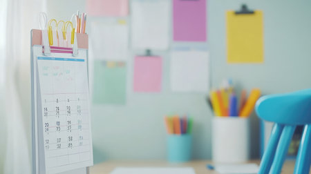 A vibrant office workspace featuring a calendar, colorful stationery, and an organized desk setup. Perfect for inspiring productivity and creativity in work or study spaces.の素材
