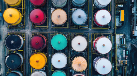 A stunning aerial view captures an array of industrial storage tanks, showcasing a vibrant mix of colors and circular shapes in a modern industrial setting.の素材