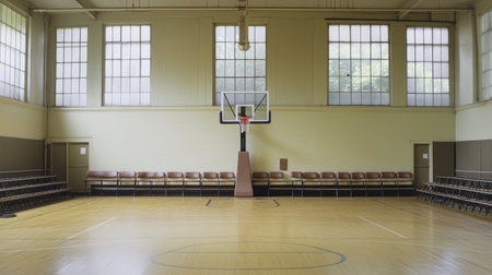 Spacious indoor basketball gym with ample natural light coming through large windows. The wooden floor and comfortable seating create an inviting atmosphere for recreational activities.の素材