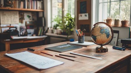A cozy workspace showcasing a globe and desk tools, surrounded by natural light and plants. Ideal for study, creativity, and a productive atmosphere for exploration.の素材