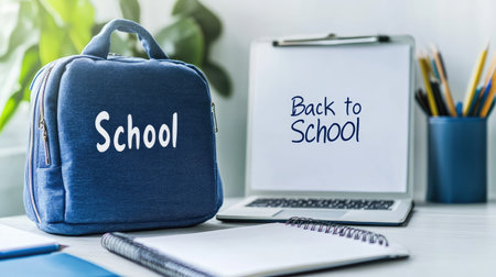 A vibrant blue school bag on a neat desk, accompanied by a digital tablet and a note that encourages the back to school spirit, perfect for educational themes.の素材