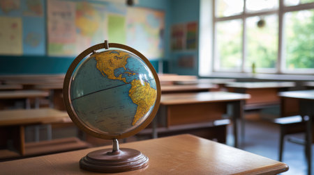 A vintage globe resting on a wooden desk in a serene classroom setting, perfect for educational themes, showcasing a learning space for geography exploration.の素材