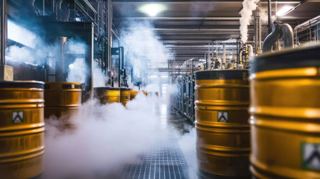 A captivating view of an industrial warehouse featuring yellow barrels surrounded by steam, creating a dramatic atmosphere in a modern manufacturing facility.の素材