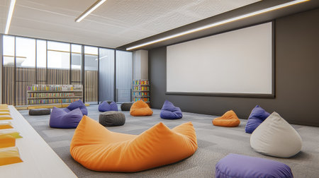 A bright and inviting modern classroom features colorful bean bags arranged for comfort, a large projector screen, and ample natural light, creating an engaging learning atmosphere.の素材