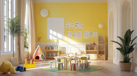 A vibrant playroom filled with colorful furniture, educational artwork, and a sunny atmosphere, perfect for children's creativity and joyful exploration.の素材