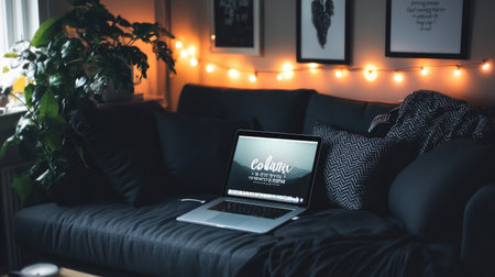 A cozy living room featuring a stylish sofa adorned with cushions, a laptop on display, and warm lighting creating a peaceful atmosphere for relaxation and creativity.の素材