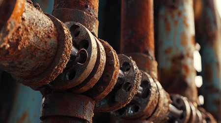 This image showcases a detailed close-up of a rusty industrial pipe system, featuring corroded fittings and a weathered surface set against an abandoned factory backdrop.の素材
