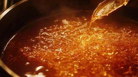 This image captures a close-up of bubbling liquid in a pot, showcasing warm colors and textures. The reflective surface adds to the cooking ambiance for culinary enthusiasts.の素材