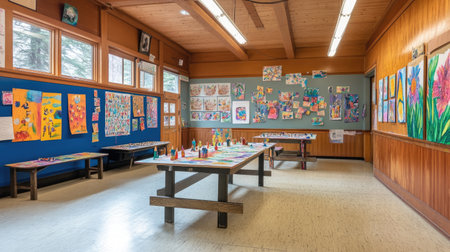 A bright and vibrant art classroom showcasing childrenの素材