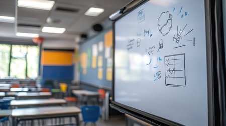A vibrant classroom scene featuring a whiteboard filled with colorful illustrations and relevant charts, ideal for showcasing an engaging educational environment.の素材