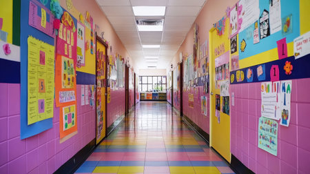 This bright and colorful school hallway features engaging educational materials and children's artwork adorning the walls, creating a welcoming atmosphere for learning.の素材