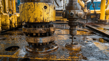A detailed close-up view of industrial equipment used in oil extraction, showcasing oil stains and grime on the surface of a drilling rig, emphasizing mechanical complexities.の素材