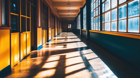 A beautifully lit hallway showcasing sunlight streaming through large windows, casting intricate shadows on the wooden floor, creating a tranquil atmosphere.の素材