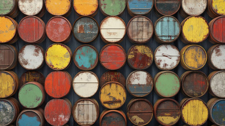 A visually striking arrangement of colorful barrels creates an artistic backdrop. The vibrant hues and weathered textures suggest creativity within industrial contexts.の素材