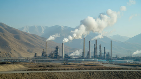 A vast industrial landscape showcasing factories and smokestacks emitting smoke against a backdrop of majestic mountains and a clear sky, illustrating environmental challenges.の素材