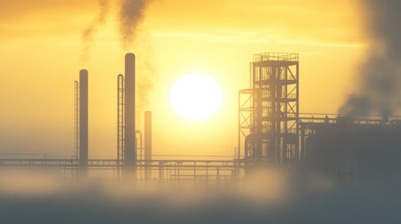 A striking image captures the industrial skyline at sunset, showcasing factory structures and rising smoke, presenting a vivid yet concerning representation of air pollution.の素材