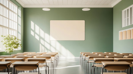 A modern classroom featuring an inviting layout with minimalistic decor, ample natural light, and empty desks, creating a tranquil educational space for learning.の素材