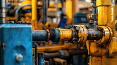 Detailed view of an industrial machinery pipe connection featuring bright metal components and yellow equipment in a dynamic manufacturing environment, showcasing technology and engineering.の素材