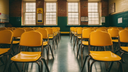 This serene image captures an empty classroom featuring bright yellow chairs arranged in neat rows, illuminated by natural light coming through large windows.の素材