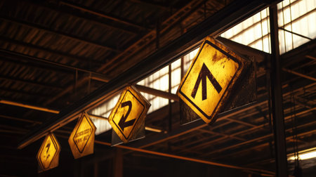 Vintage warning signs illuminated in a warm light create an industrial atmosphere in a warehouse setting, highlighting textures and nostalgic details.の素材