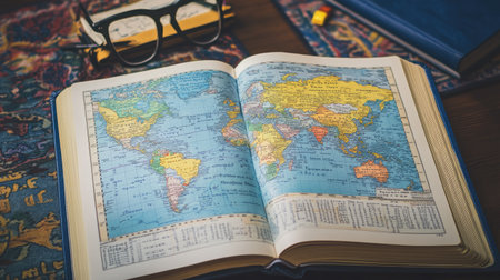 An open vintage world map book lies on a wooden table, alongside reading glasses and colorful stationery, evoking inspiration for exploration and learning.の素材
