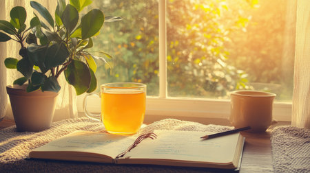 A serene morning scene featuring a cup of herbal tea and an open notebook beside a vibrant plant on a sunlit windowsill, creating a cozy atmosphere for creativity.の素材