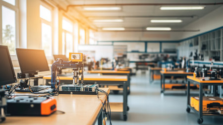 A spacious, well-organized technology laboratory with workstations equipped with computers and machinery, perfect for engineering and robotics education and innovation.の素材