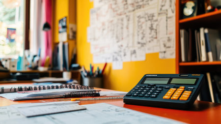 A vibrant workspace featuring a calculator, colorful notebooks, and pens on a stylish wooden desk, perfect for enhancing creativity and productivity in a modern setting.の素材