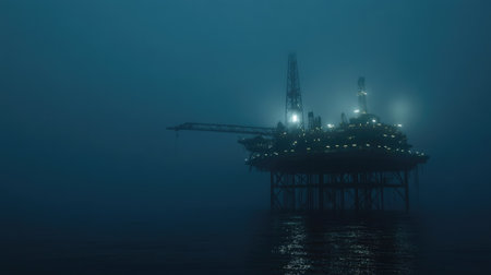 An offshore oil rig stands tall in thick fog, providing an eerie yet calm atmosphere. The illuminated structure reflects on the water, creating a serene maritime view.の素材