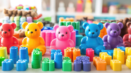 A vibrant array of colorful plastic building blocks alongside cute teddy bears displayed on a bright table in a playful environment, encouraging creative activities.の素材