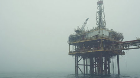 An offshore oil rig stands tall in a foggy sea, representing the industrial effort in energy production. This scene captures the essence of maritime work in changing weather.の素材
