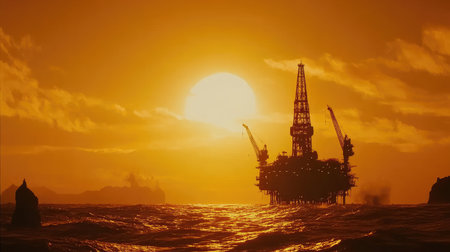 A stunning silhouette of an offshore oil rig emerges against a vibrant sunset, casting reflections on the ocean's surface and highlighting industrial energy exploration.の素材