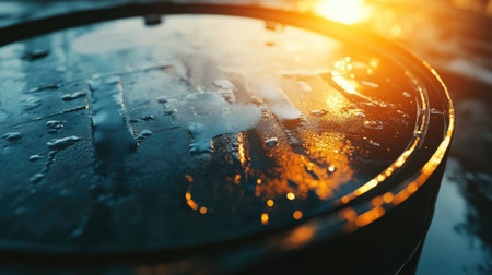 A close-up view of a wet metal barrel capturing stunning reflections of sunset light. Water drops create a textured surface, enhancing the industrial aesthetic.の素材